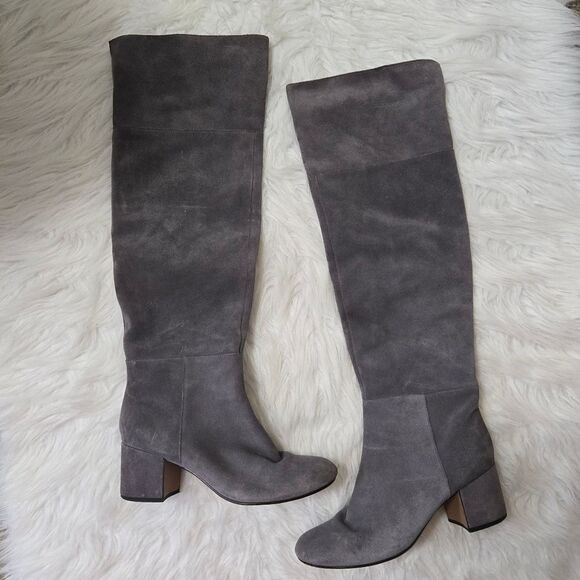 CLARKS Gray Barley Ray Suede Over the Knee Boots Size 8.5 Zipper Chunky Heel - Picture 1 of 9
